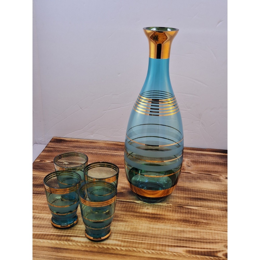 Bohemian Glass Vintage Blue Green Glass, Gold Ringed Decanter Set 4 Glasses 5pc‎